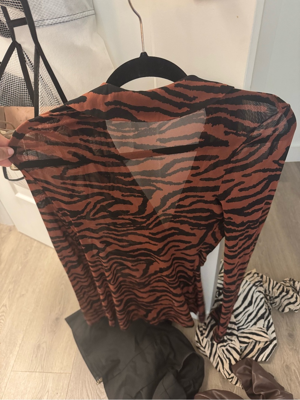 Free People Burnt Orange and Black Sheer Tiger-Print Long Sleeve Top